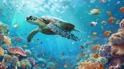 Fototapeta premium Close-up of a sea turtle swimming above a coral reef, surrounded by schools of tropical fish in a blue ocean