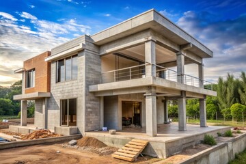 Under construction House or Villas Villas with Concreate Block or bricks Exterior view of 02 story under construction house with modern design : Generative AI