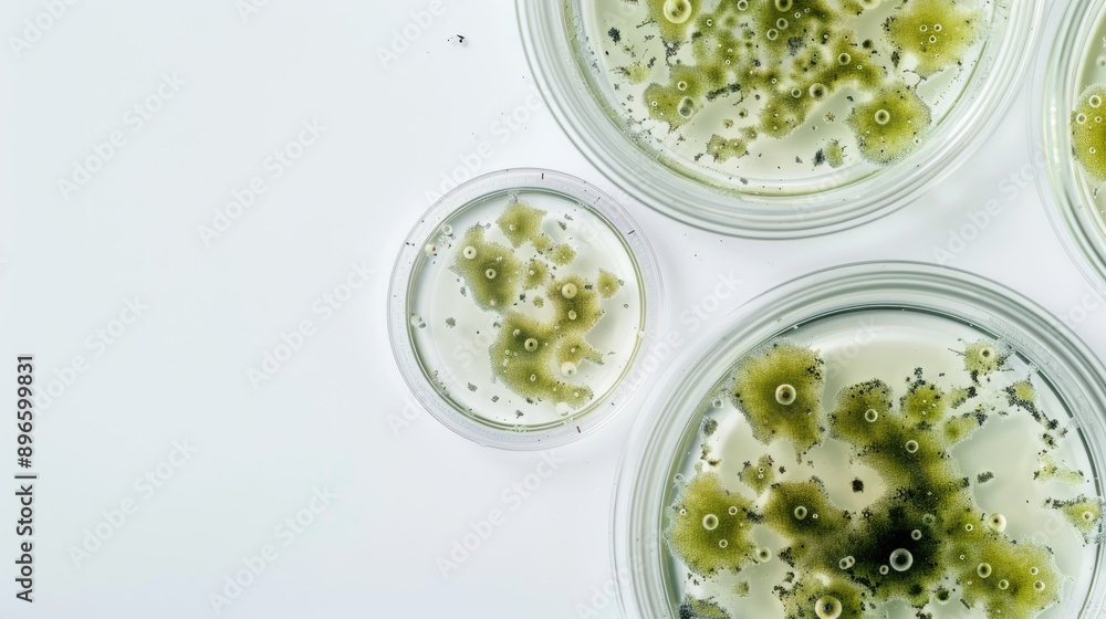 Poster microbial colonies on white background with space for text close up view of mold in petri dish for a