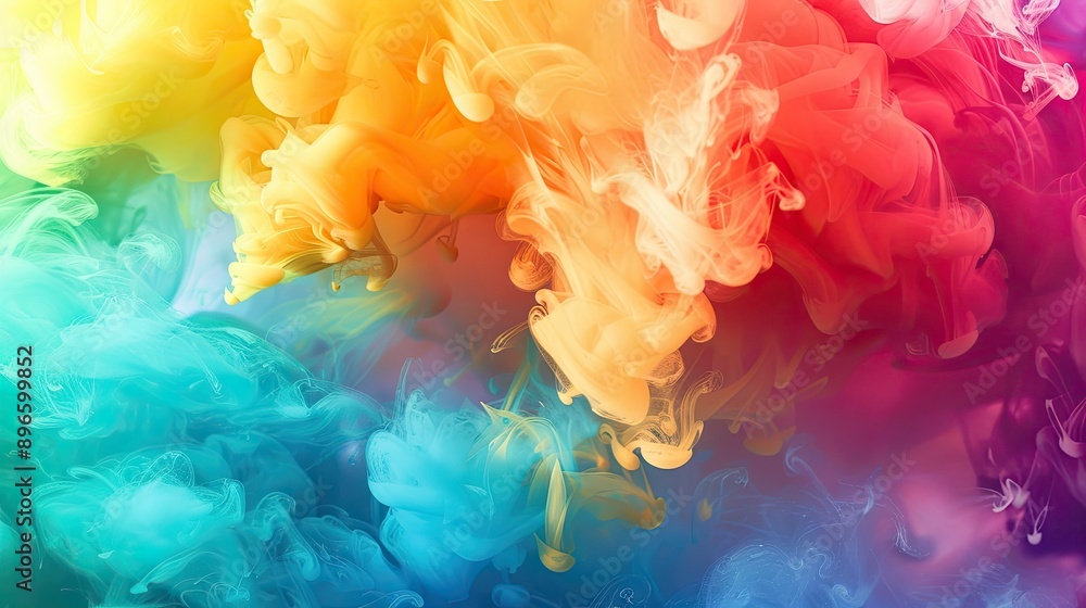 Poster dynamic rainbow background with abstract ink and water blend, creating a burst of color.