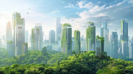 Obraz premium Dynamic urban landscape with skyscrapers and green spaces, highlighting the balance of nature and city life