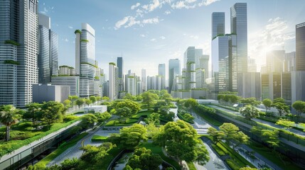 Dynamic urban landscape with skyscrapers and green spaces, highlighting the balance of nature and city life