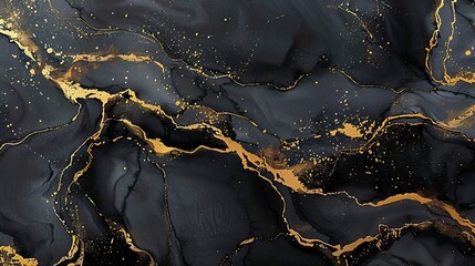 Fototapeta premium Elegant black marble background with gold abstract ink texture, creating a luxurious watercolor design.
