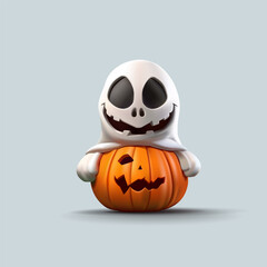A monster is smiling sitting on a pumpkin that has scrunched up, 3D. Emotional facial expression. For creative Halloween advertising concepts. Vector illustration.