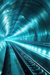 Naklejka premium A mesmerizing view of an illuminated tunnel with glowing tracks, creating a sense of speed and depth.