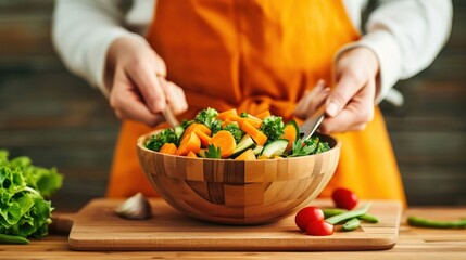 A person prepares a fresh vegetable salad in a wooden bowl, showcasing vibrant colors and healthy ingredients.
