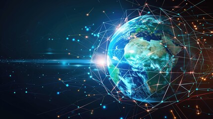 Global network concept with a digital earth and vibrant, interconnected lines symbolizing worldwide communication