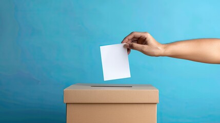 Hand inserting a ballot paper into a ballot box against a clean, blue background with copy space