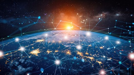 High-tech visualization of global connectivity, with interconnected lines and data points on a digital earth