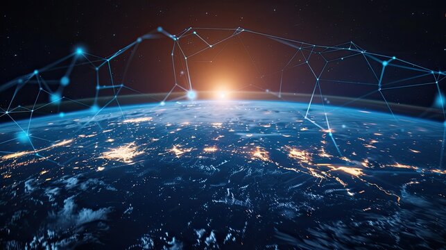 High-tech visualization of global connectivity, with interconnected lines and data points on a digital earth