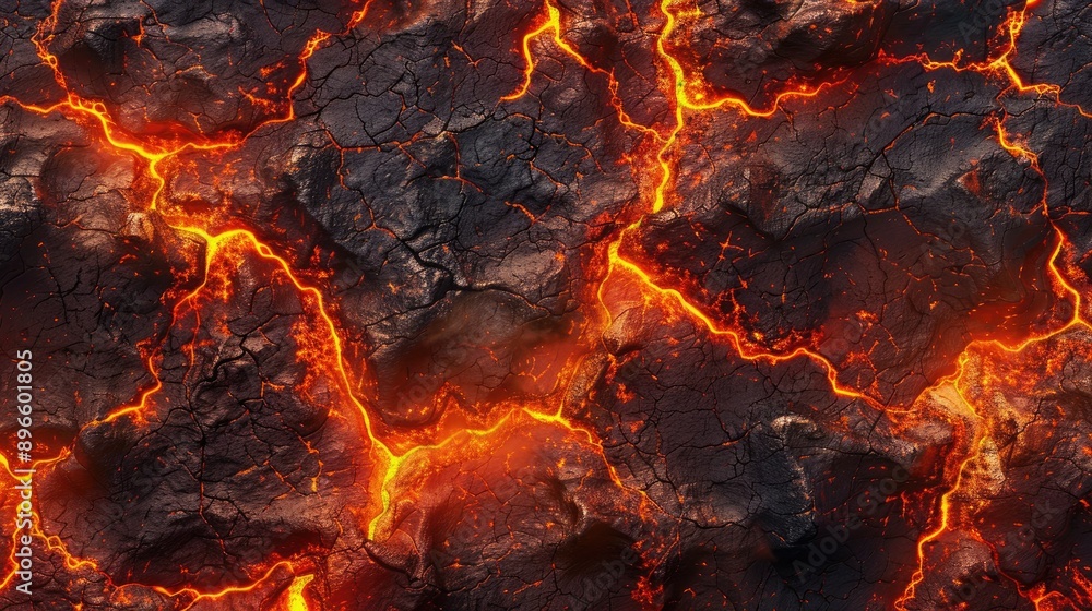 Poster lava texture with fiery magma flow and rock, creating a seamless hot background.