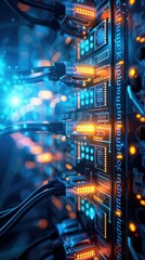 Close-up of illuminated server connections with glowing cables, showcasing technology and data transfer in a modern digital environment.