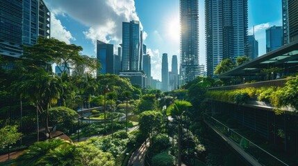 Obraz premium Lush urban landscape with modern buildings and abundant greenery, showcasing a vibrant city life