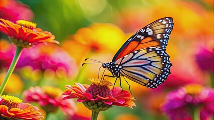 Obraz premium Butterfly delicately perched on vibrant flower, butterfly, insect, nature, colorful, beautiful, wings, petals, flora, bloom