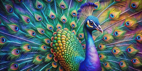 Peacock displaying vibrant feathers in abstract art style, peacock, feathers, colorful, abstract, art, painting, wildlife