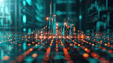 Dynamic visual of financial data analysis with glowing graphs and vibrant nodes on a digital landscape.