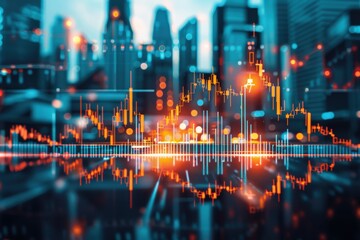 Dynamic urban skyline with abstract financial graph overlay, illustrating market trends and digital growth in a modern city.