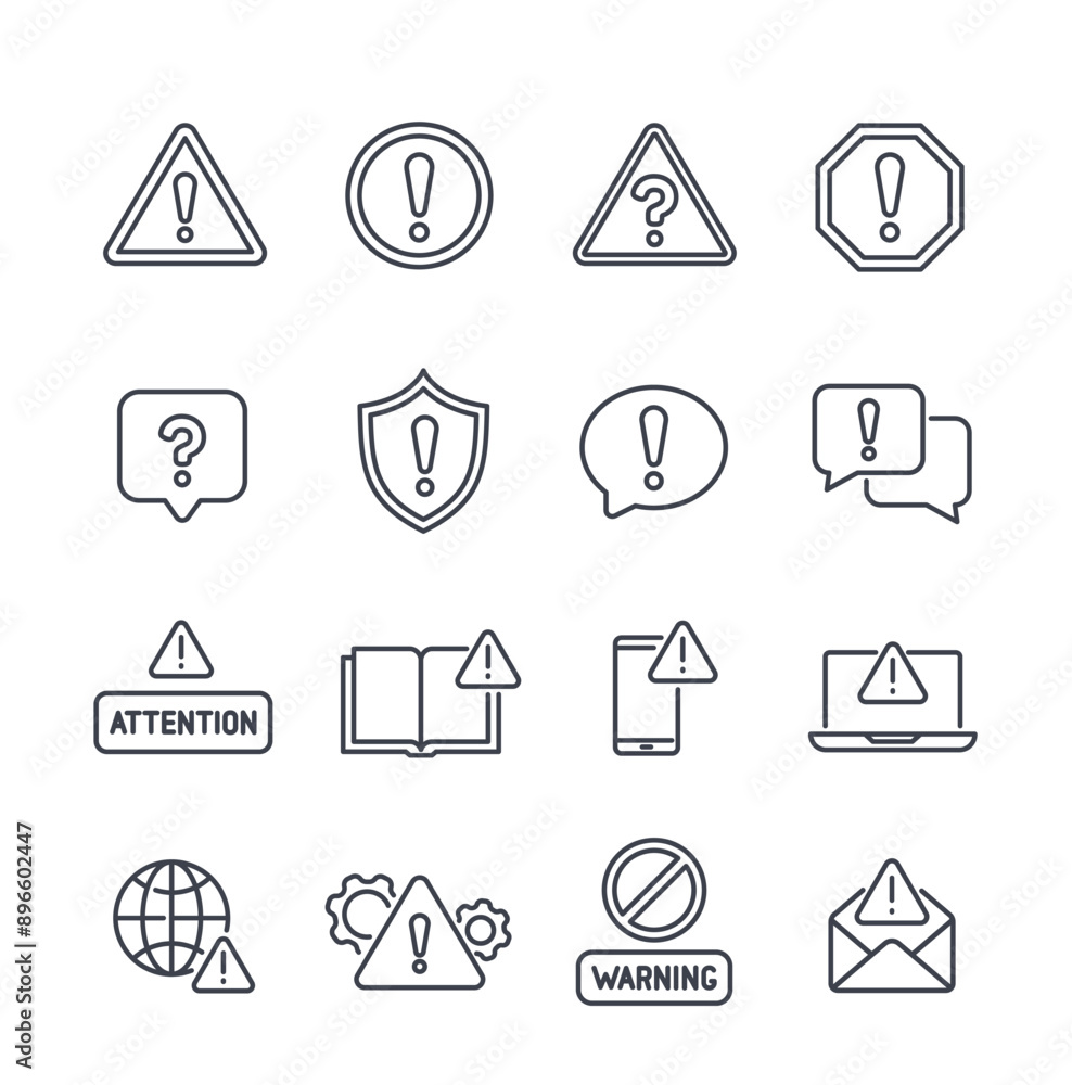 Poster attention line icons set. caution, alert and warning signs with exclamation point. editable stroke. 
