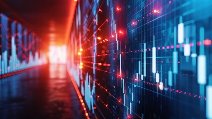 Fototapeta premium Futuristic hallway with glowing data visuals and graphs, representing technology, finance, and innovation in a digital world.