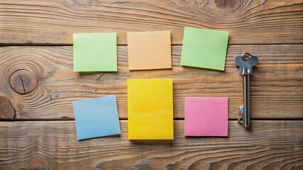 Sticky notes with key takeaways isolated on wooden table, key takeaways, sticky notes, wooden table, isolated