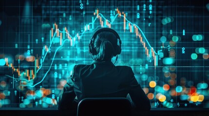 Professional analyzing data trends with headphones in a digital environment, showcasing modern technology and finance.
