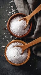 Two wooden bowls filled with coarse sea salt, surrounded by scattered salt crystals, on a dark textured surface.