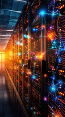 Obraz premium Vibrant data center with glowing servers and colorful connections, showcasing modern technology and digital infrastructure.