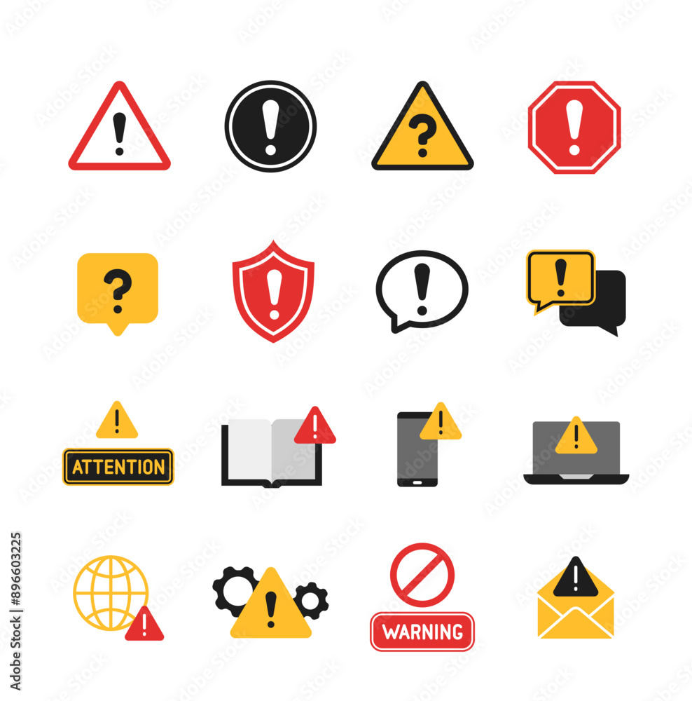 Poster attention icons set. caution, alert and warning colorful symbols with exclamation mark. design eleme