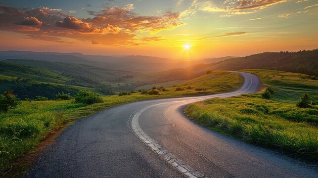 Scenic winding road leading towards a bright horizon, symbolizing journey and optimism - Powered by Adobe