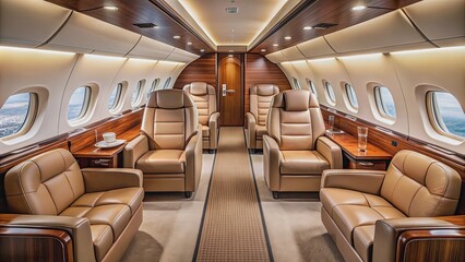 Luxury private jet interior with leather seats and elegant design, luxury, transportation, private jet