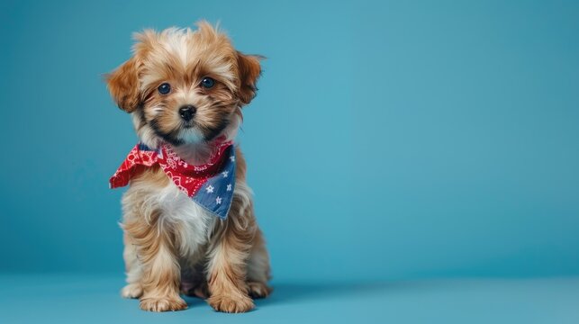 Adorable mixed breed puppy wearing bandana posing in blue studio