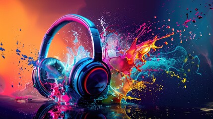 Stereo headphones bursting with a splash of vibrant colors, symbolizing music and creativity