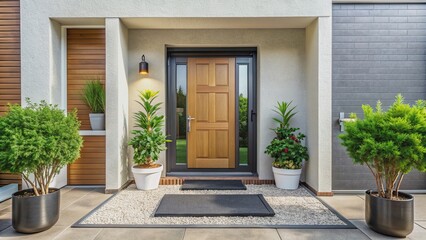 Front door of a modern house with potted plants and welcome mat, entrance, home, front door, exterior, entrance door