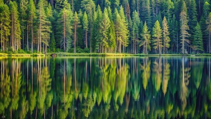 Obraz premium Reflection of pine trees in calm forest water, pine, reflection, water, forest, nature, tranquil, serene, peaceful