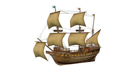 Old Wooden Ship, 3D rendered image, transparent background.