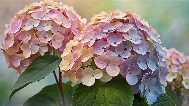 A fading hydrangea bush with petals in soft colours. The painting shows all the detail of the flower, from the veins to the colors. The painting is peaceful and beautiful, capturing a moment in nature