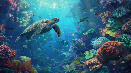 Underwater paradise featuring a coral reef, diverse marine species, and a peaceful sea turtle drifting through the scene