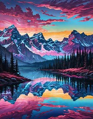 A bright and vibrant landscape with mountains, trees and a lake, in pink, purple and blue neon colors. 