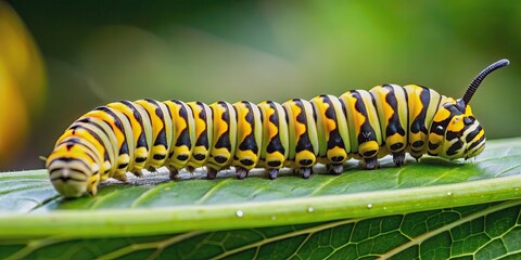 Fototapeta premium Yellow and black caterpillar crawling on a green leaf, caterpillar, leaf, green, nature, insect, wildlife, macro, close up