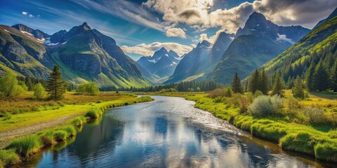 Fototapeta premium A picturesque waterway flowing through the beautiful mountain landscape, mountains, waterway, stream, nature, landscape