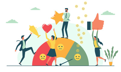 Employee engagement. Happy business workers with stars, hearts and emoji. Level of staff dedication and commitment. Motivation for company success. Flat vector illustration isolated on background