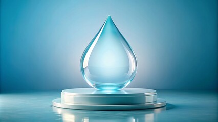 Fototapeta premium A unique podium shaped like a giant crystal-clear water drop, set against a light blue background. The stand is highlighted with soft lighting, emphasizing its purity and transparency.