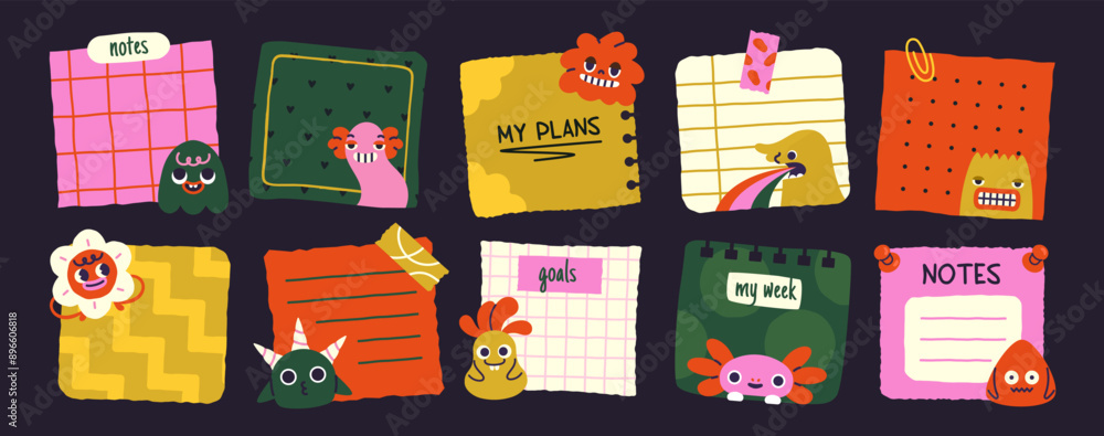 Poster paper sticky notes. reminder notes with funny doodle characters. stickers with memo messages for uni