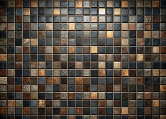 Fototapeta premium Dark pixelated tiles arranged in a precise grid pattern, showcasing rich texture and profound depth, evoking a sense of harmony and meticulous organization.