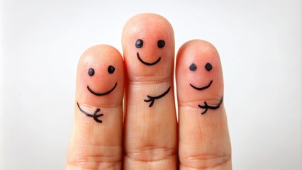 Whimsical close-up of three fingers with cheerful smiley faces hand-drawn in black ink, conveying playfulness and friendliness on a plain white background.