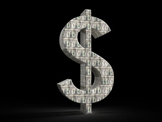 Obraz premium Dollar sign made of hundred dollar bills standing on black background