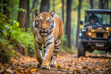 Majestic Indian tiger strides confidently through dense forest, leaves scattered on the ground, as a rugged open-top jeep follows closely in the background.