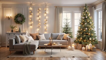 Cozy Scandinavian-inspired living room decked out for Christmas, featuring a slender tree adorned with white garland, toy balls, and soft fairy lights ambiance.