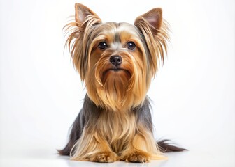 Adorable long-haired Yorkshire terrier dog sits upright with big brown eyes and a curious expression, looking directly at the camera on a pure white background.