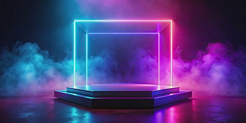 Neon square stage background with illuminated podium and haze , Neon, square, stage, background, pedestal, neon light